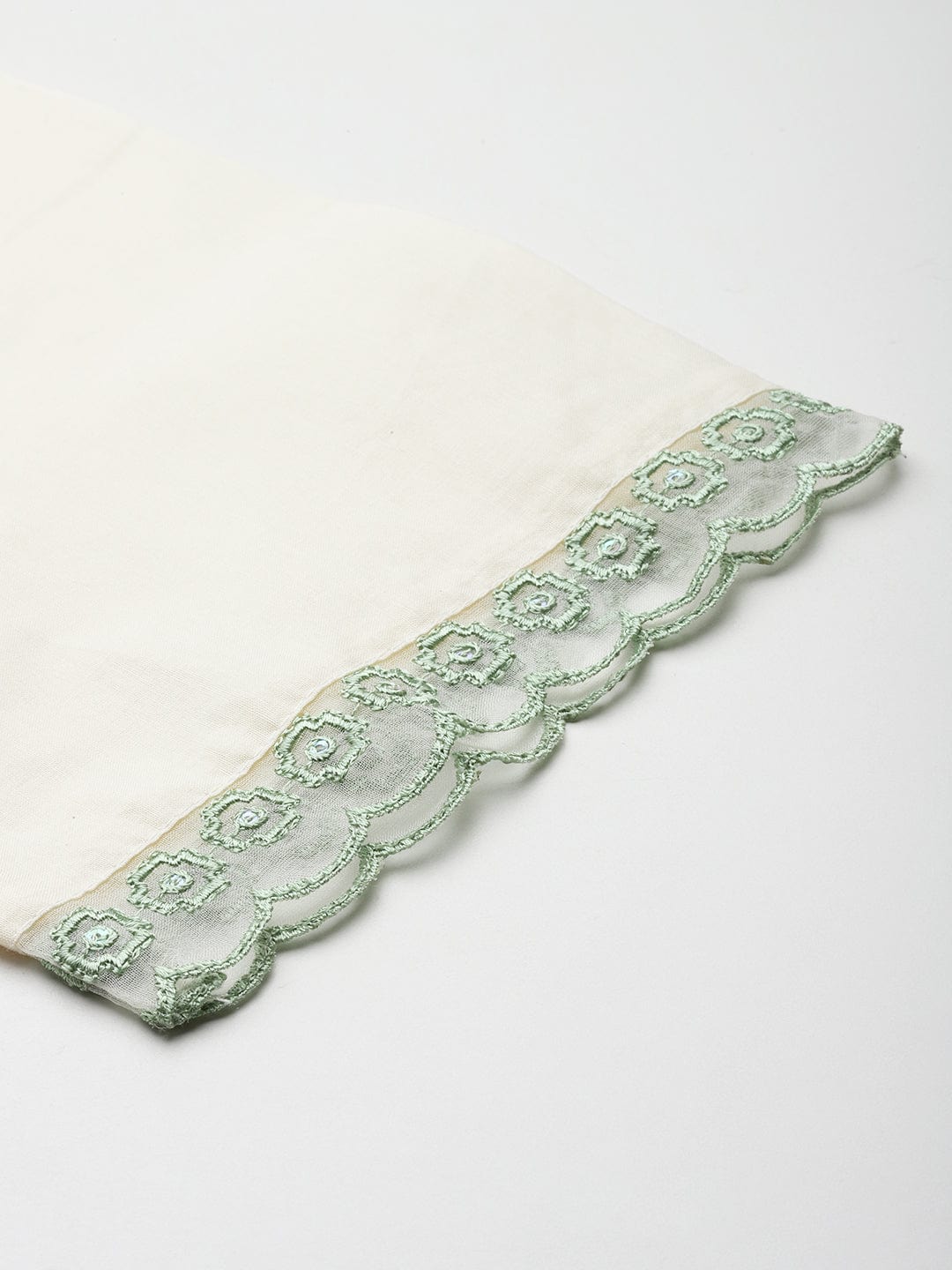Varanga Women Cream V Neck Thread & Sequence Embroidered Kurta Paired With Bottom & Embroidered Organza Dupatta