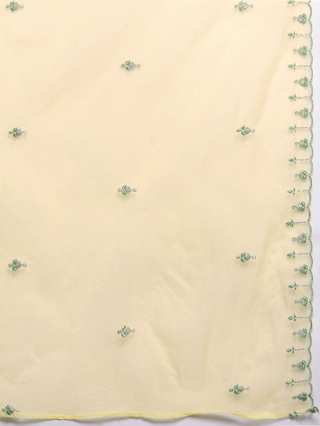 Varanga Women Yellow V- Neck Thread & Sequence Embroidered Kurta Paired With Bottom & Embroidered Organza Dupatta