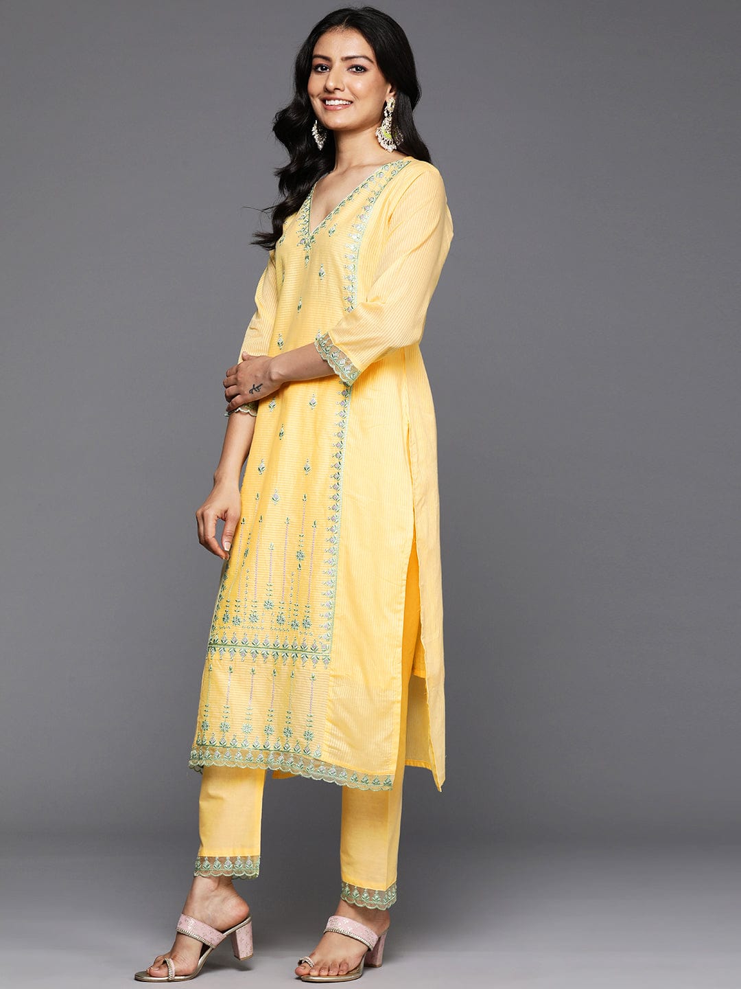 Varanga Women Yellow V- Neck Thread & Sequence Embroidered Kurta Paired With Bottom & Embroidered Organza Dupatta