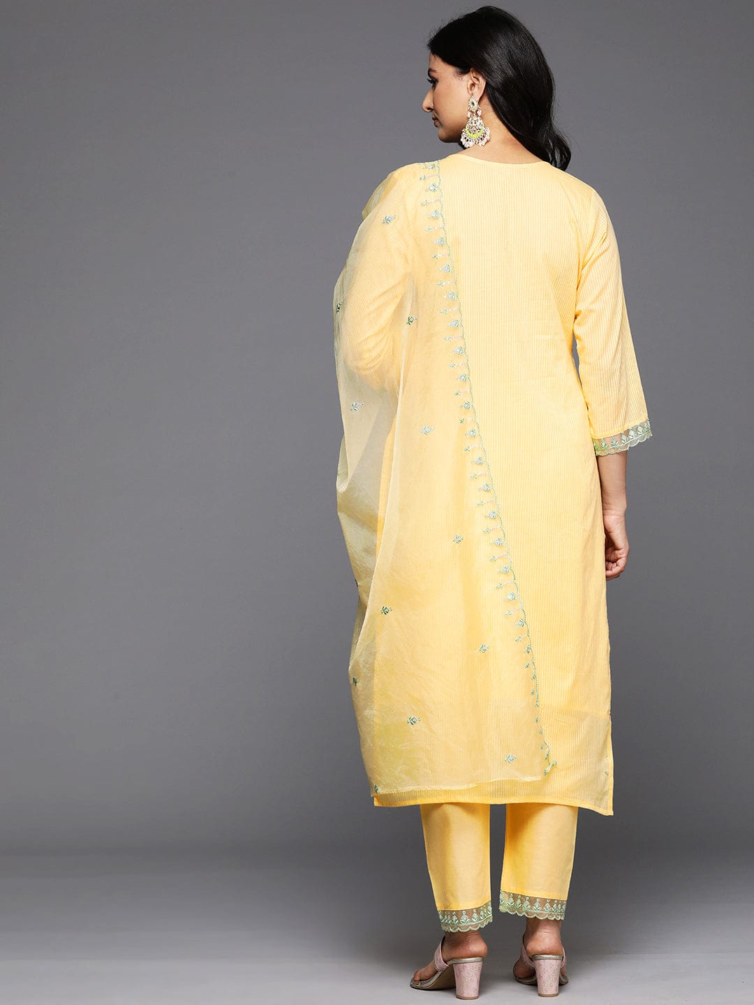 Varanga Women Yellow V- Neck Thread & Sequence Embroidered Kurta Paired With Bottom & Embroidered Organza Dupatta
