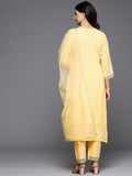 Varanga Women Yellow V- Neck Thread & Sequence Embroidered Kurta Paired With Bottom & Embroidered Organza Dupatta