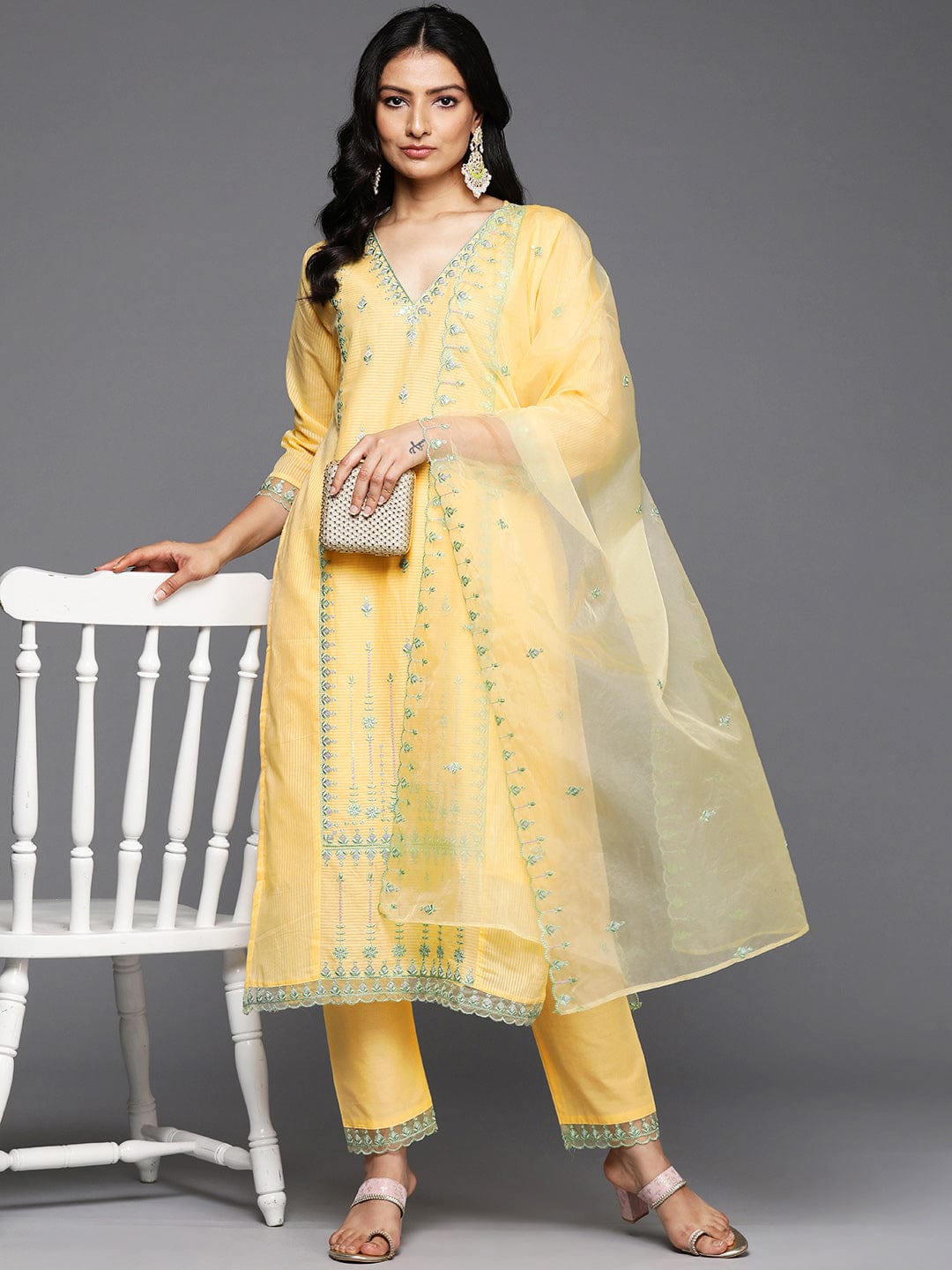 Varanga Women Yellow V- Neck Thread & Sequence Embroidered Kurta Paired With Bottom & Embroidered Organza Dupatta