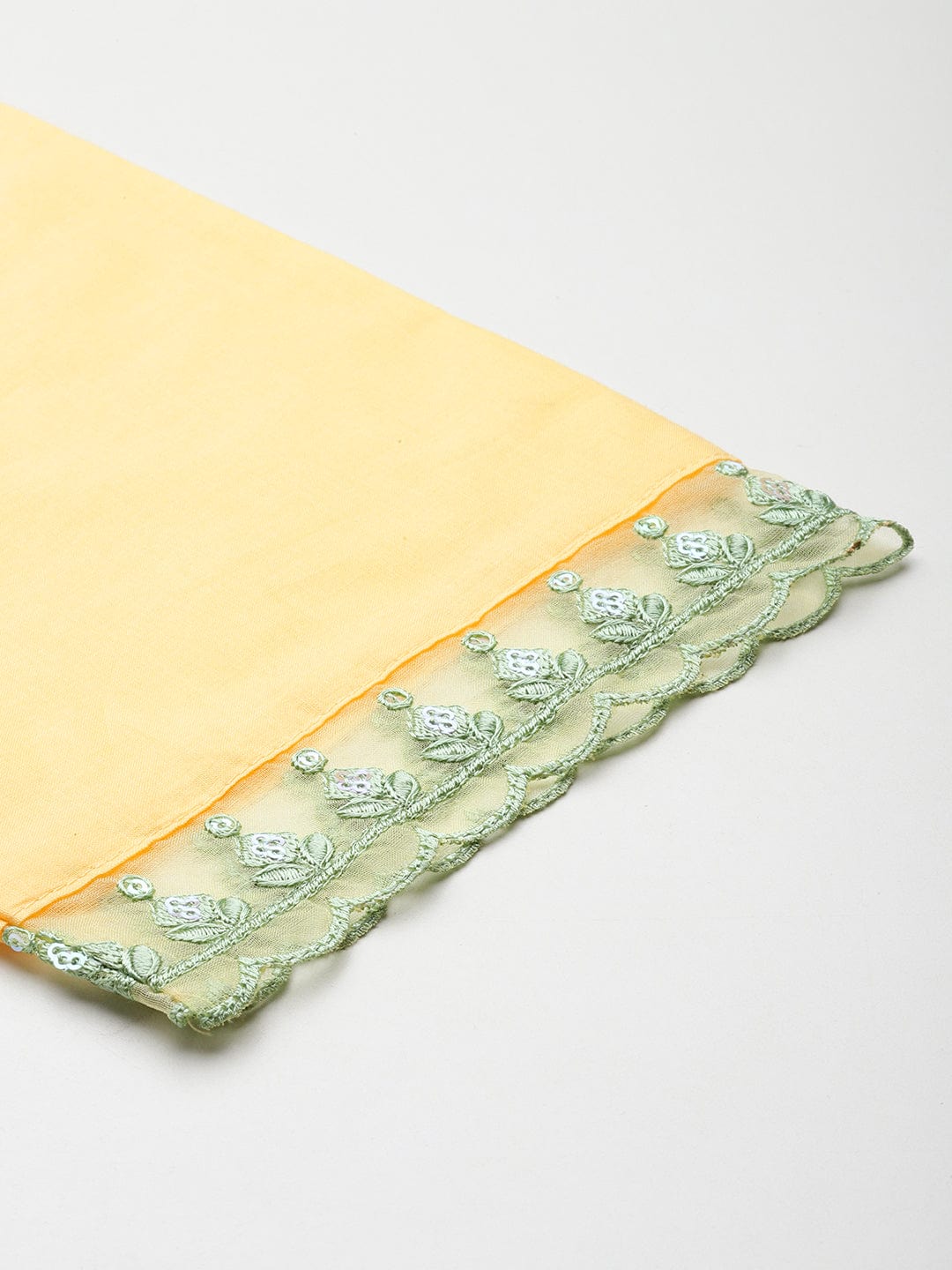 Varanga Women Yellow V- Neck Thread & Sequence Embroidered Kurta Paired With Bottom & Embroidered Organza Dupatta