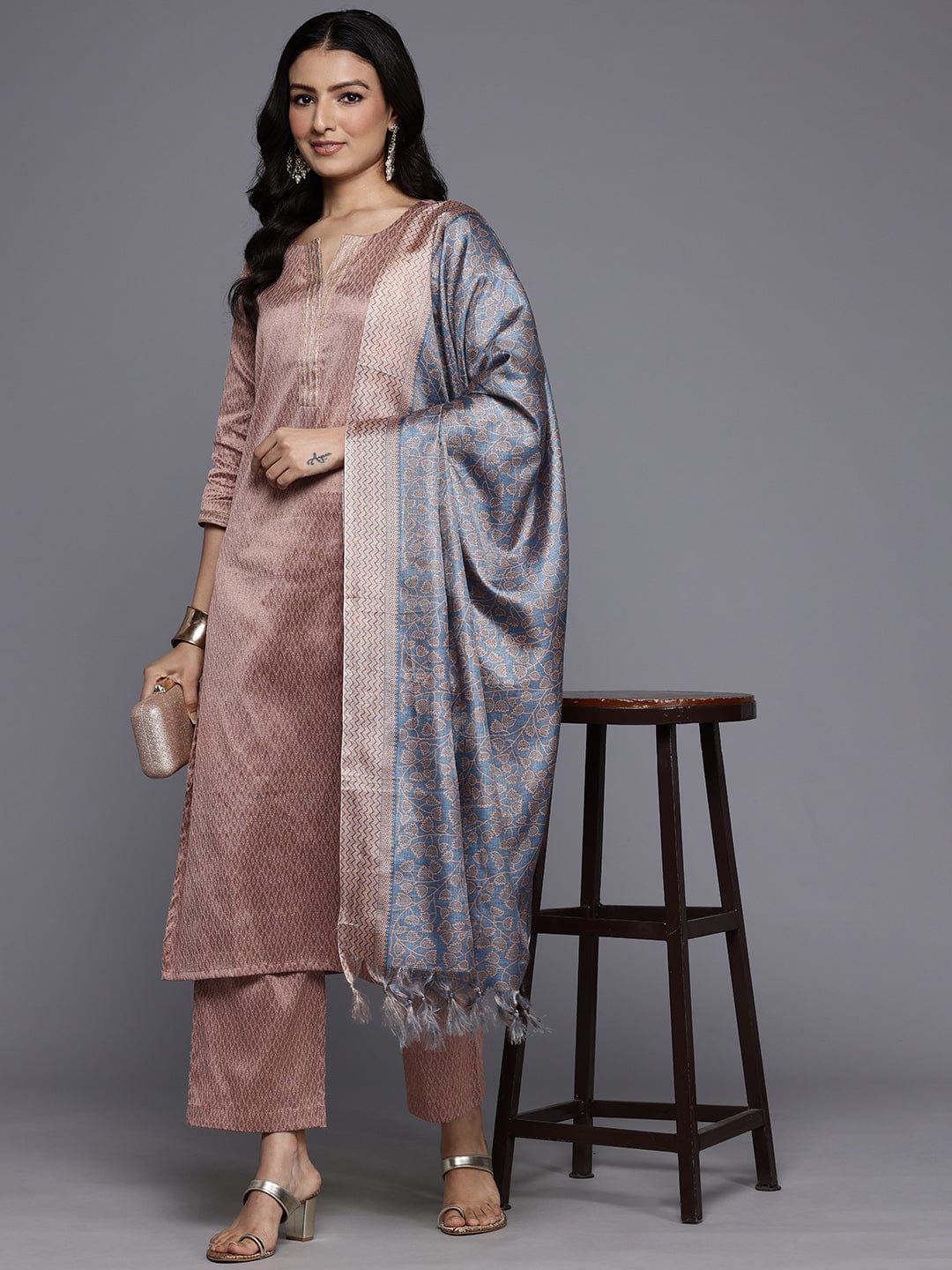 Varanga Women Jacquard Peach Gota Embellished Kurta With Bottom And Dupatta