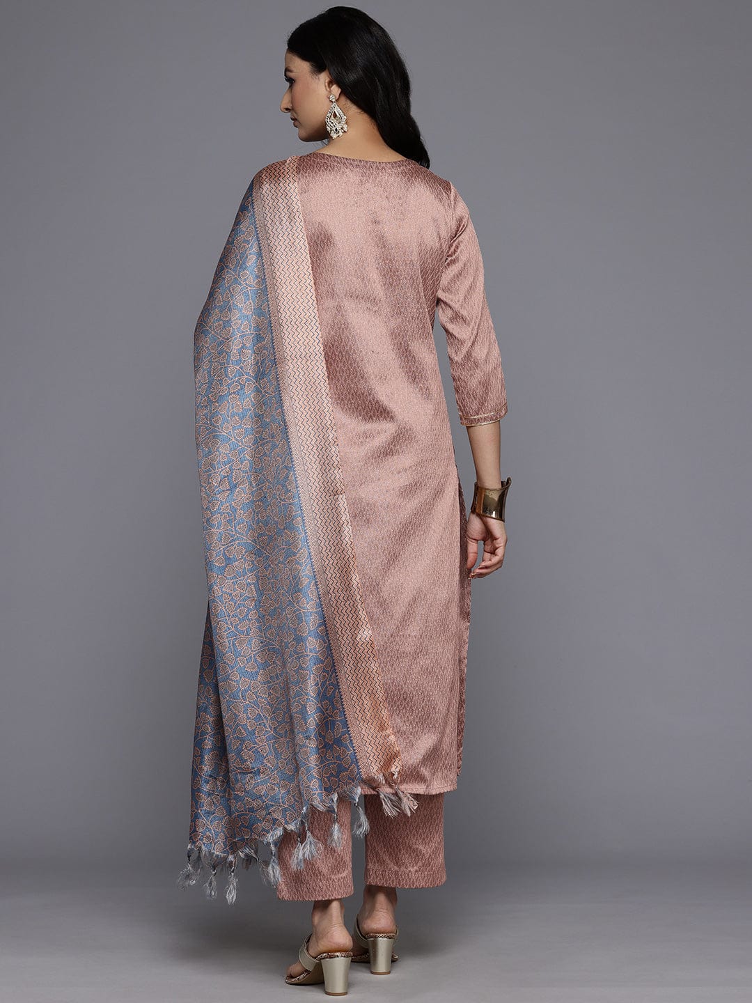 Varanga Women Jacquard Peach Gota Embellished Kurta With Bottom And Dupatta
