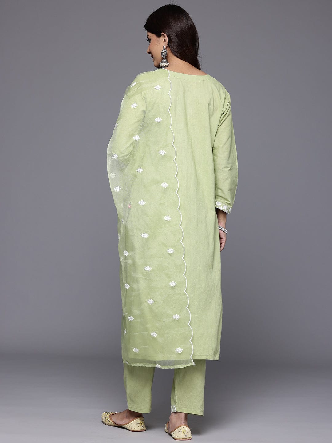 Varanga Women Sea Green Round Neck Heavy Thread Embroidered Kurta With Bottom & Dupatta