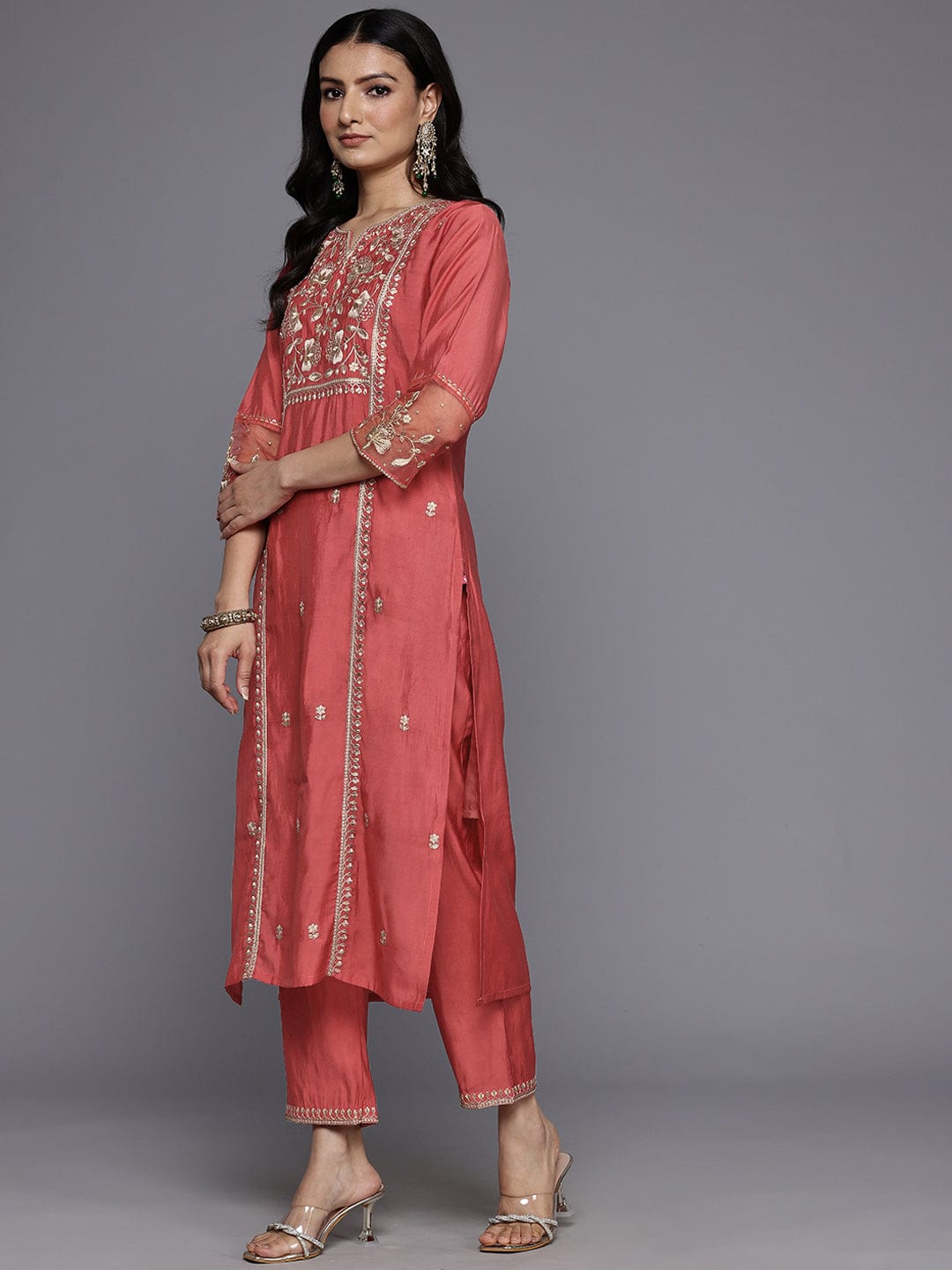 Varanga Women Rust Zari Thread Embroidered Organza Detailed Kurta With Bottom And Dupatta