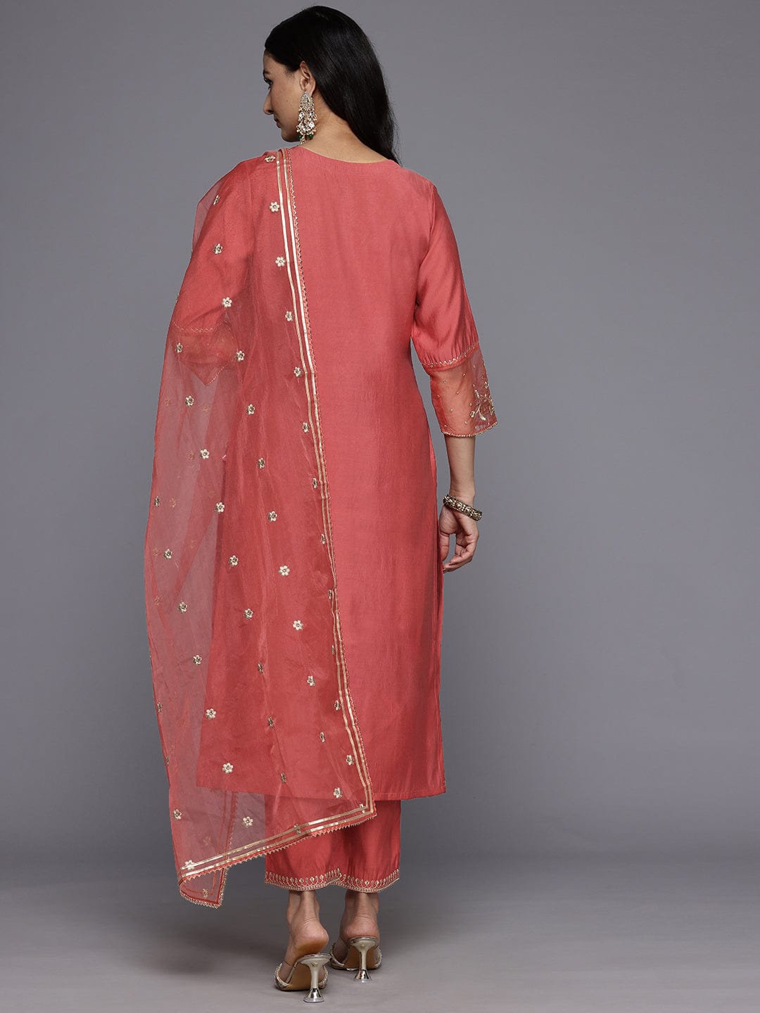 Varanga Women Rust Zari Thread Embroidered Organza Detailed Kurta With Bottom And Dupatta