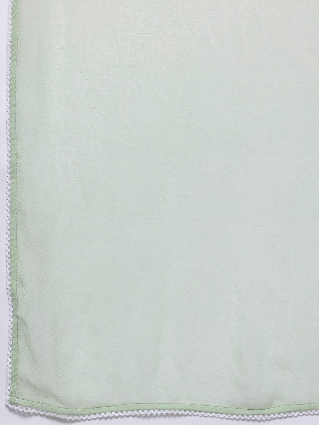 Varanga Women Green V Neck Chikankari Embroidered Kurta With Tonal Bottom And Chiffon Dupatta.