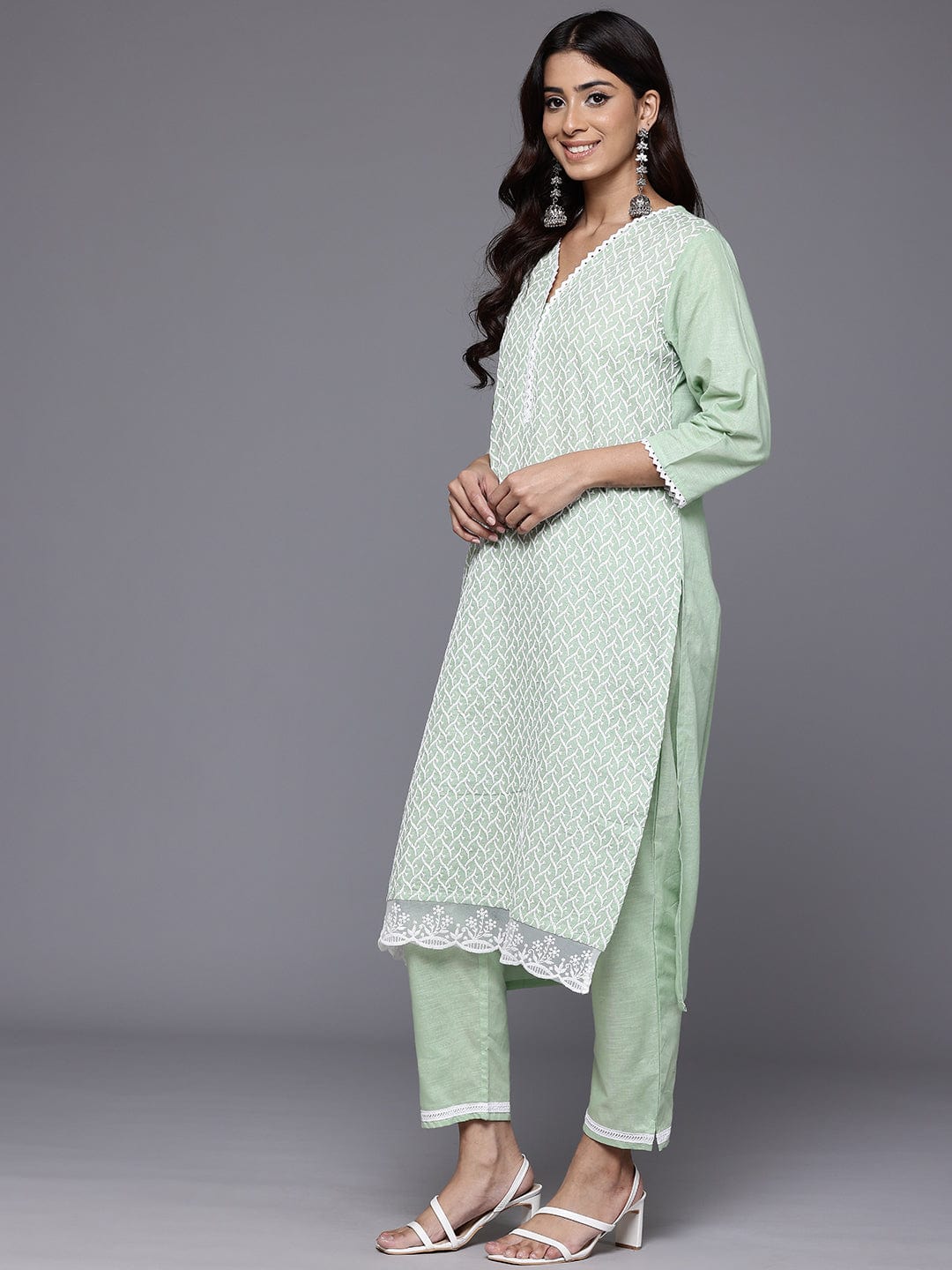 Varanga Women Green V Neck Chikankari Embroidered Kurta With Tonal Bottom And Chiffon Dupatta.