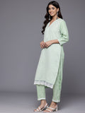 Varanga Women Green V Neck Chikankari Embroidered Kurta With Tonal Bottom And Chiffon Dupatta.