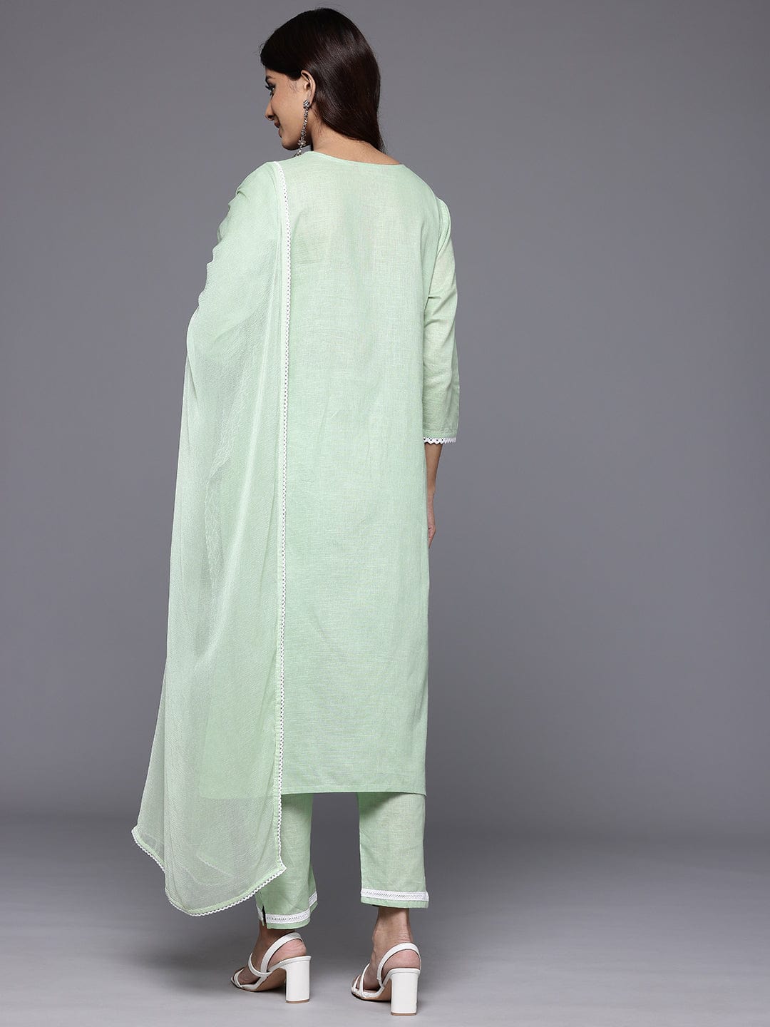 Varanga Women Green V Neck Chikankari Embroidered Kurta With Tonal Bottom And Chiffon Dupatta.