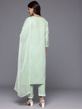 Varanga Women Green V Neck Chikankari Embroidered Kurta With Tonal Bottom And Chiffon Dupatta.