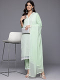Varanga Women Green V Neck Chikankari Embroidered Kurta With Tonal Bottom And Chiffon Dupatta.
