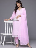 Varanga Women Pink V Neck Chikankari Embroidered  Kurta With Tonal Bottom And Chiffon Dupatta.
