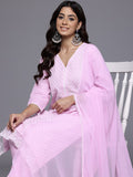 Varanga Women Pink V Neck Chikankari Embroidered  Kurta With Tonal Bottom And Chiffon Dupatta.