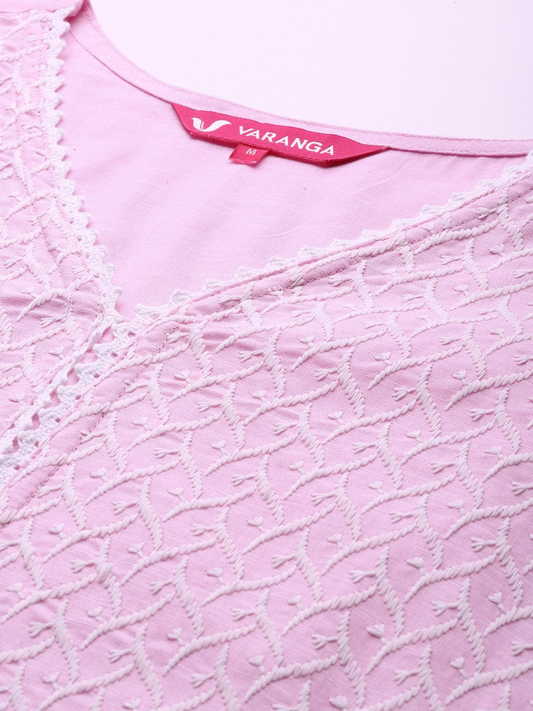 Varanga Women Pink V Neck Chikankari Embroidered  Kurta With Tonal Bottom And Chiffon Dupatta.