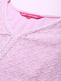 Varanga Women Pink V Neck Chikankari Embroidered  Kurta With Tonal Bottom And Chiffon Dupatta.