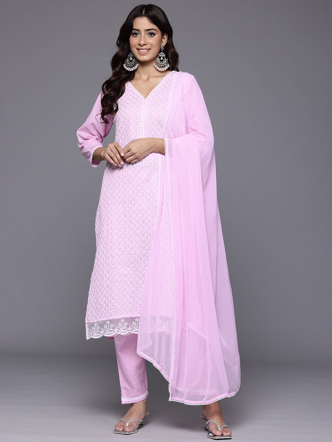 Varanga Women Pink V Neck Chikankari Embroidered  Kurta With Tonal Bottom And Chiffon Dupatta.