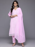 Varanga Women Pink V Neck Chikankari Embroidered  Kurta With Tonal Bottom And Chiffon Dupatta.