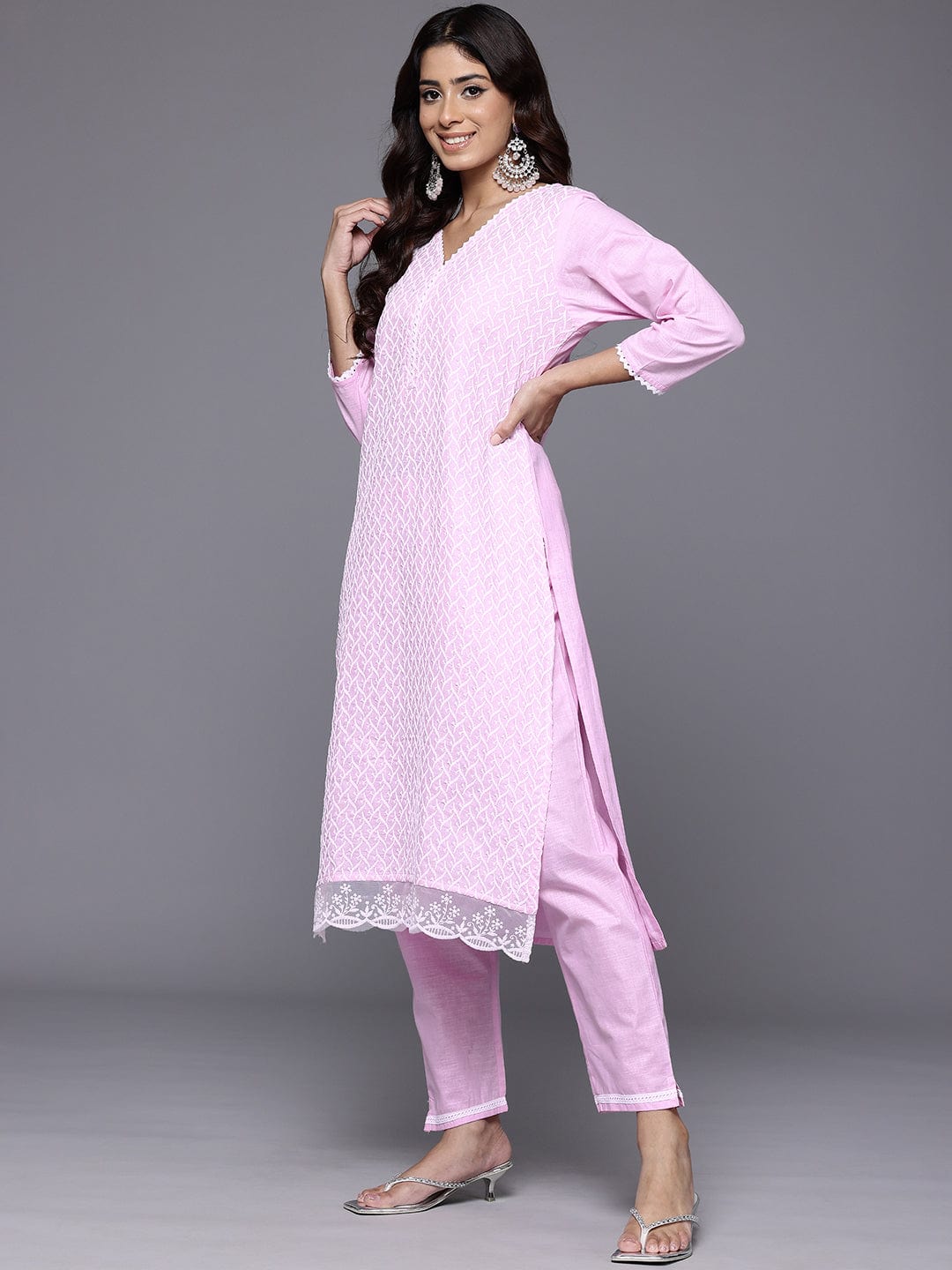 Varanga Women Pink V Neck Chikankari Embroidered  Kurta With Tonal Bottom And Chiffon Dupatta.