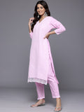 Varanga Women Pink V Neck Chikankari Embroidered  Kurta With Tonal Bottom And Chiffon Dupatta.
