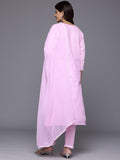 Varanga Women Pink V Neck Chikankari Embroidered  Kurta With Tonal Bottom And Chiffon Dupatta.