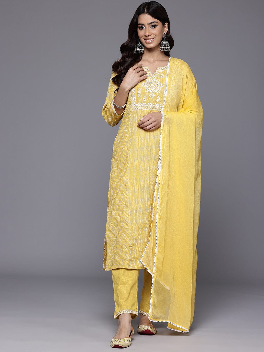Varanga Women Mustard Woven Design Round Neck, Three Quarter Sleeves Paired With Tonal Bottom And Dupatta.