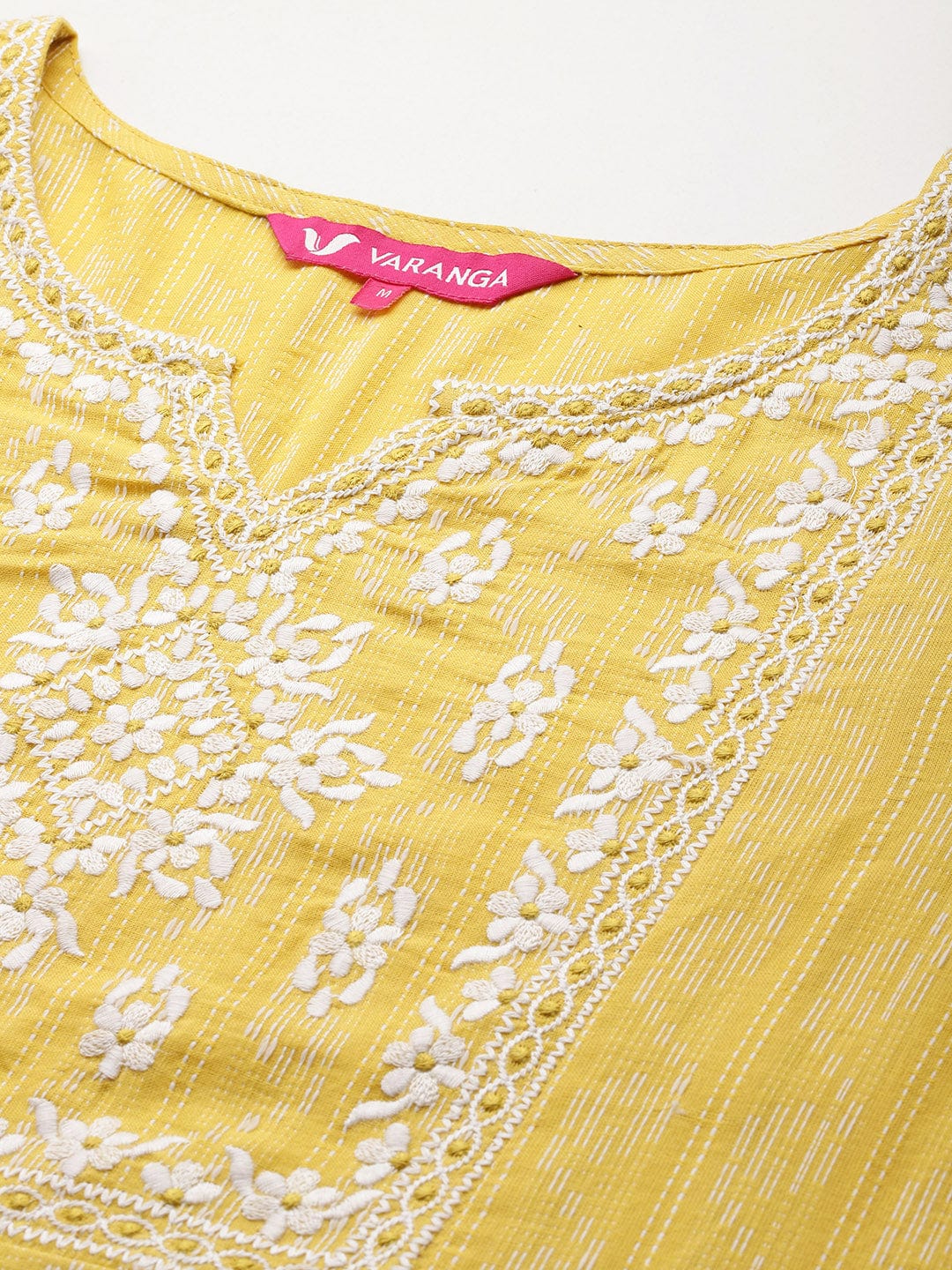 Varanga Women Mustard Woven Design Round Neck, Three Quarter Sleeves Paired With Tonal Bottom And Dupatta.