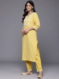 Varanga Women Mustard Woven Design Round Neck, Three Quarter Sleeves Paired With Tonal Bottom And Dupatta.