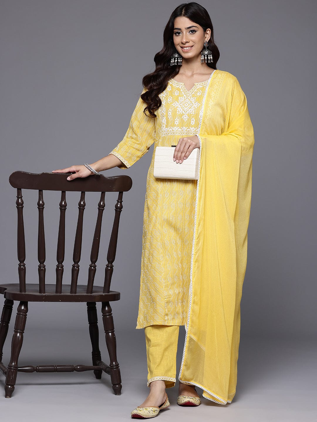 Varanga Women Mustard Woven Design Round Neck, Three Quarter Sleeves Paired With Tonal Bottom And Dupatta.