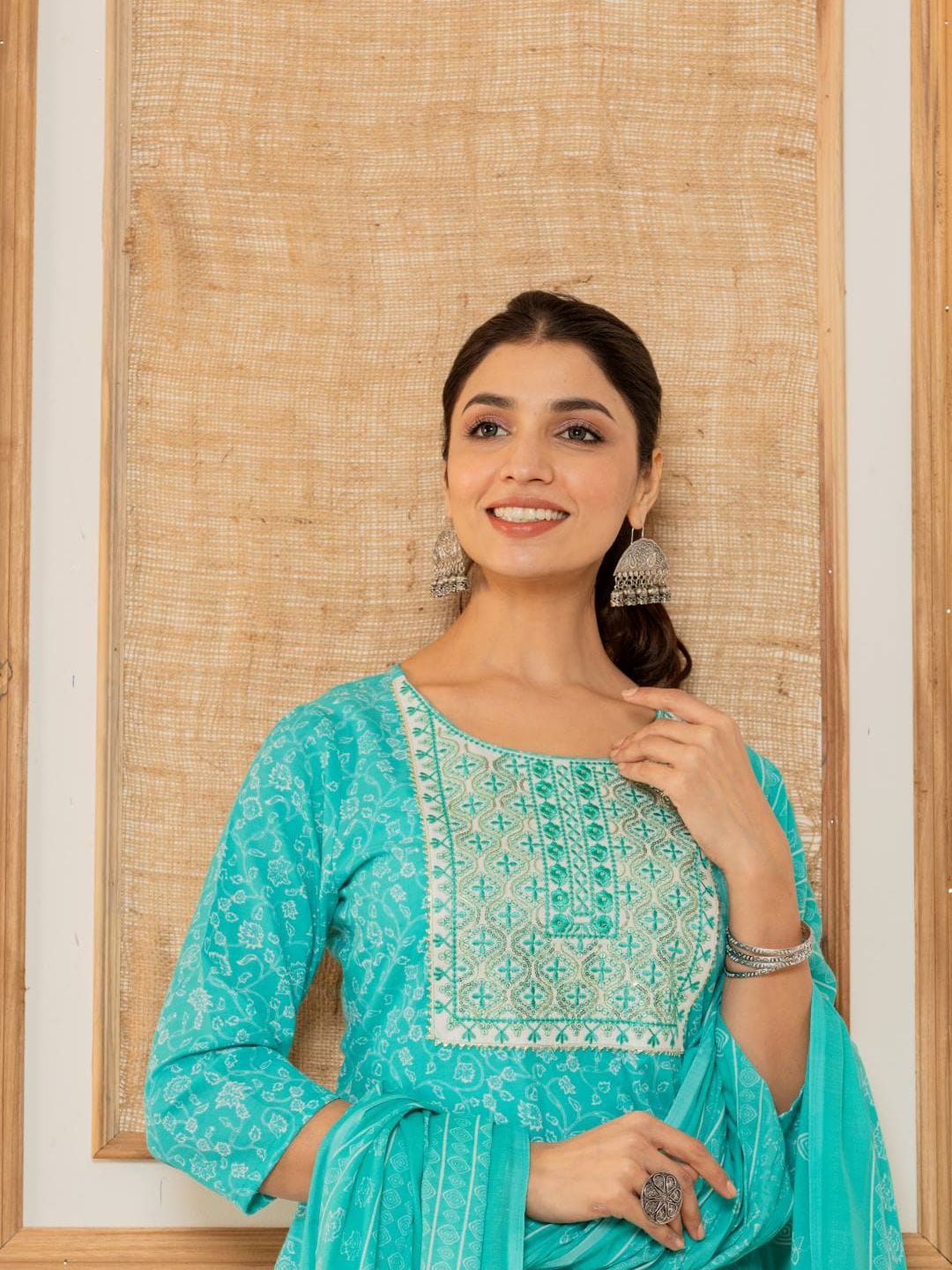 Varanga Women Blue Floral Printed Embroidered Kurta Paired With Bottom And Dupatta