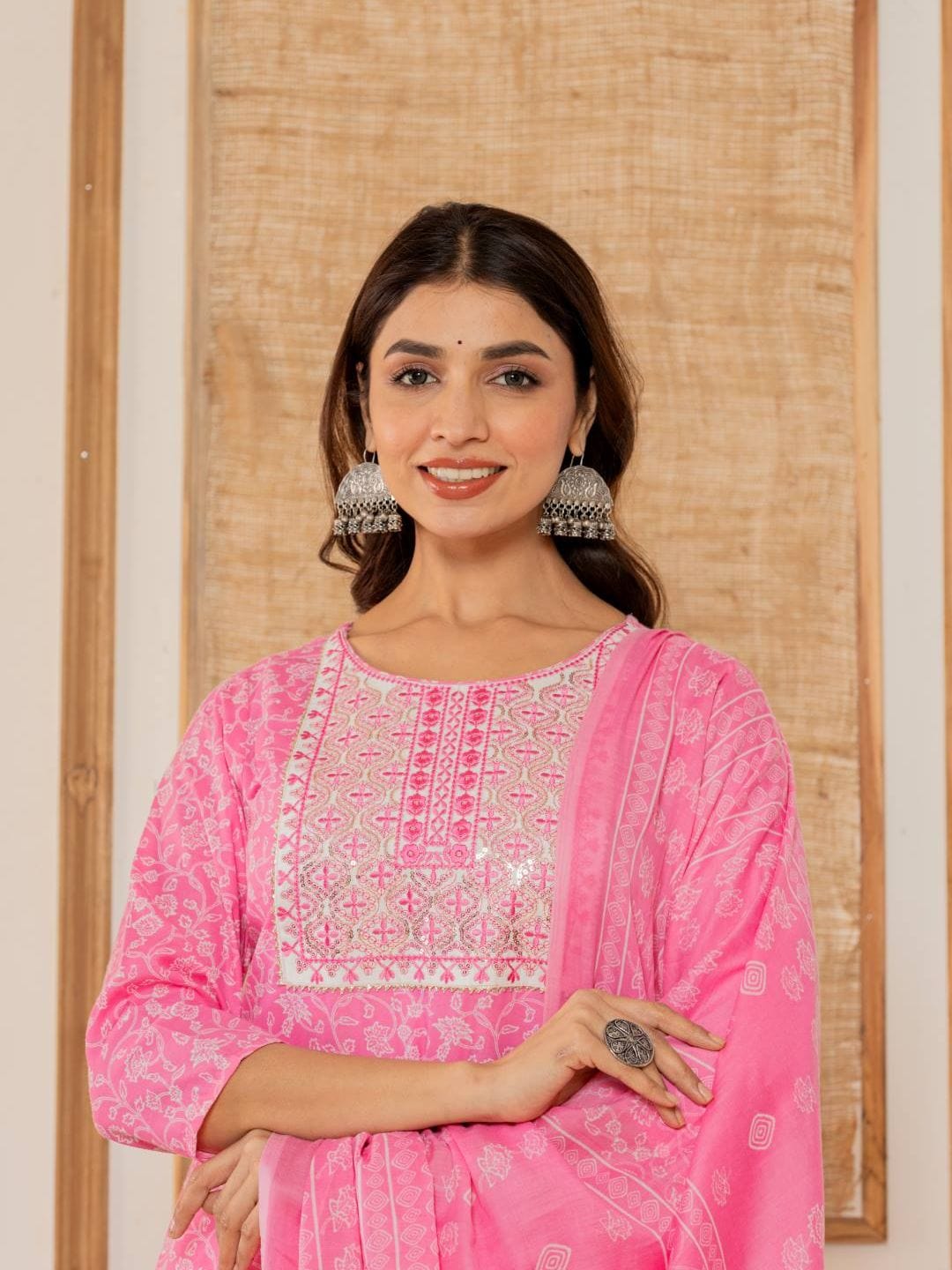 Varanga Women Pink Floral Printed Embroidered Kurta Paired With Bottom And Dupatta