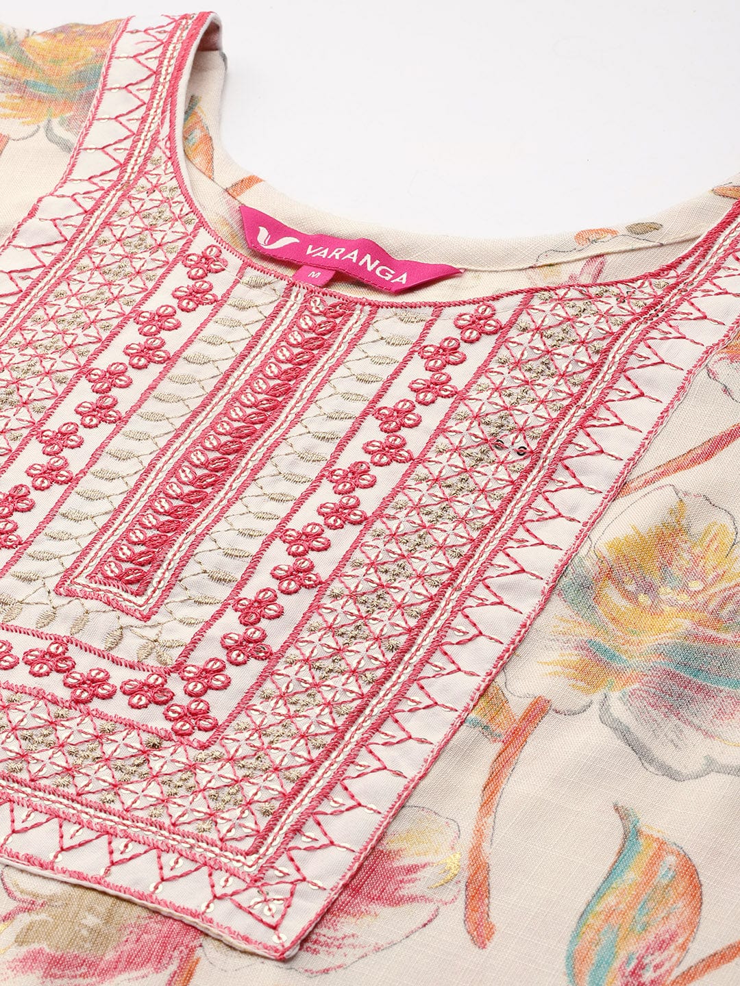 Varanga Women Off White Round Neck Embroidered Yoke Printed Kurta Paired With Printed Bottom & Tie-Dye Dupatta
