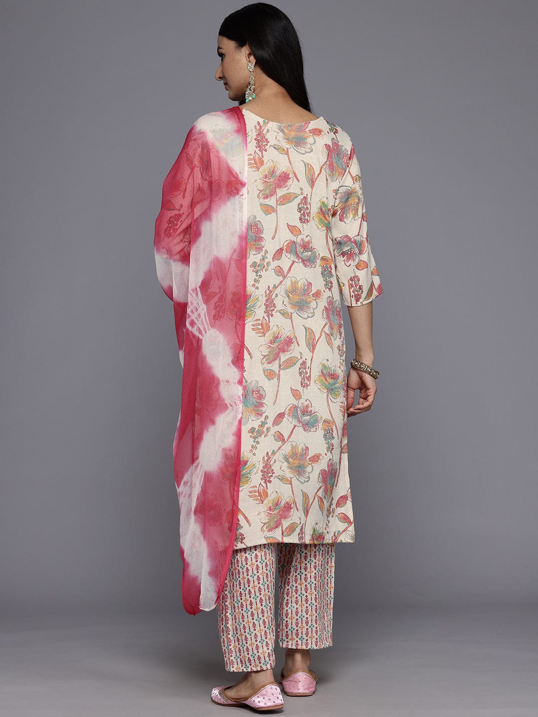 Varanga Women Off White Round Neck Embroidered Yoke Printed Kurta Paired With Printed Bottom & Tie-Dye Dupatta