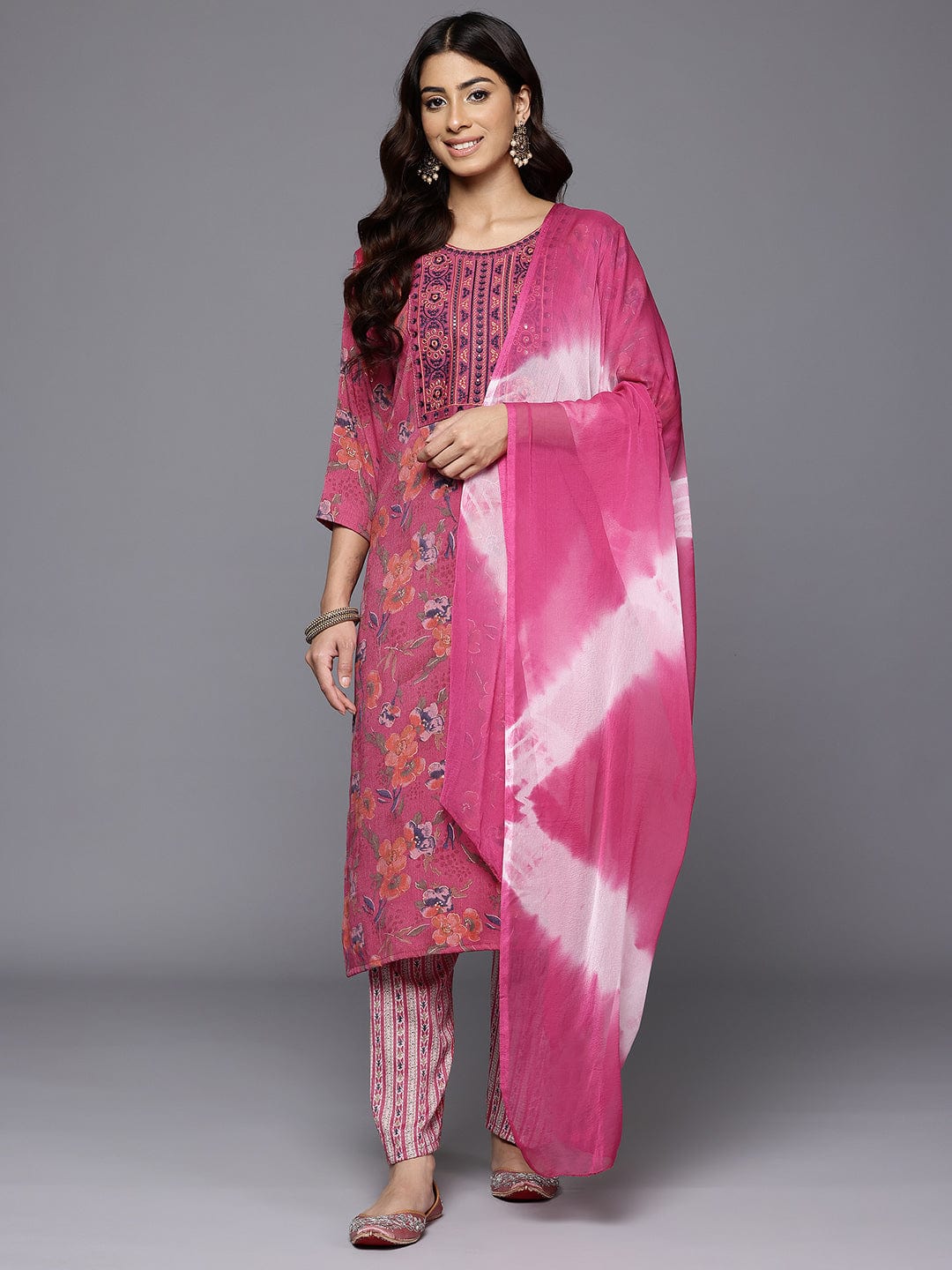 Varanga Women Pink Round Neck Embroidered Yoke Printed Kurta Paired With Printed Bottom & Tie-Dye Dupatta