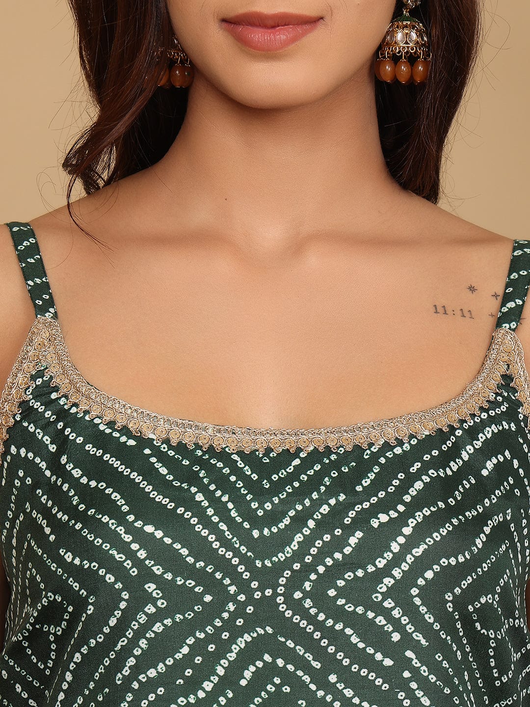 Varanga Women Green Bandhini Printed Kurta Paired With Sharara And Dupatta