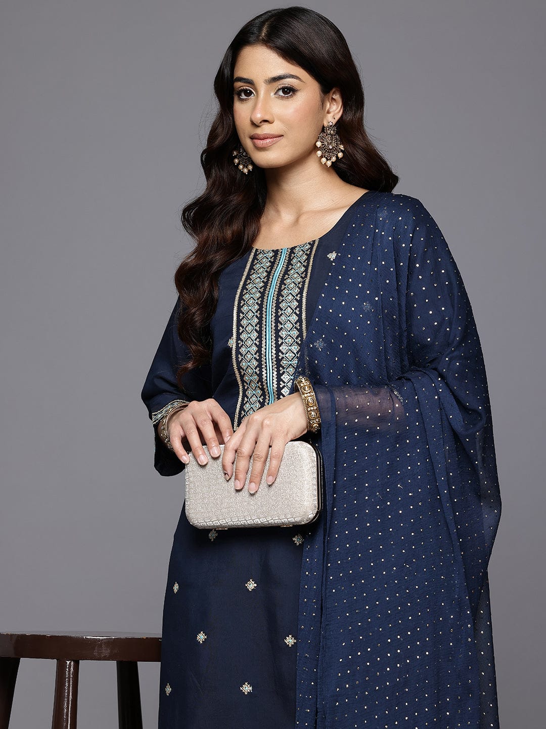 Varanga Women Navy Blue Round Neck Zari Embroidered Kurta Paired With Tonal Bottom & Dupatta