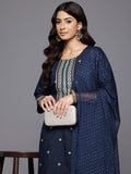 Varanga Women Navy Blue Round Neck Zari Embroidered Kurta Paired With Tonal Bottom & Dupatta