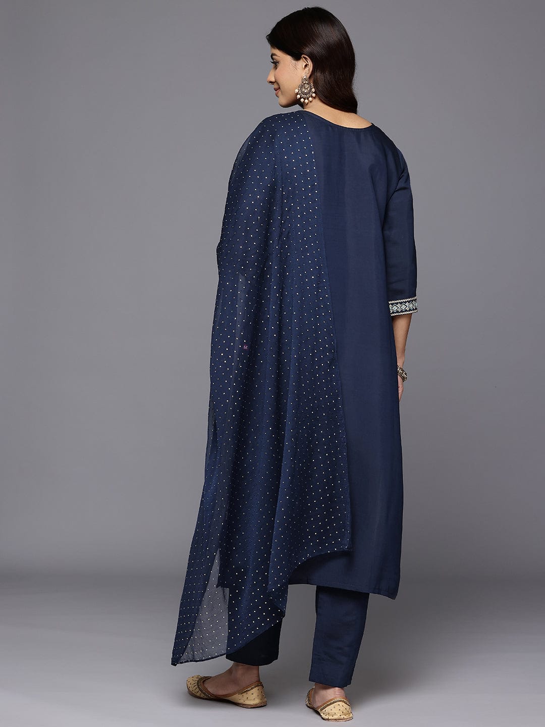 Varanga Women Navy Blue Round Neck Zari Embroidered Kurta Paired With Tonal Bottom & Dupatta