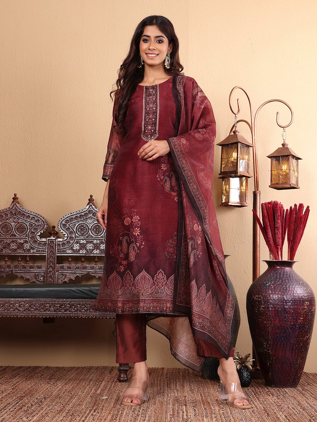 Varanga Women Maroon Floral Printed Kurta Paired With Bottom And Dupatta