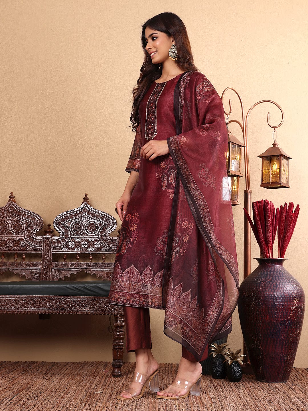 Varanga Women Maroon Floral Printed Kurta Paired With Bottom And Dupatta