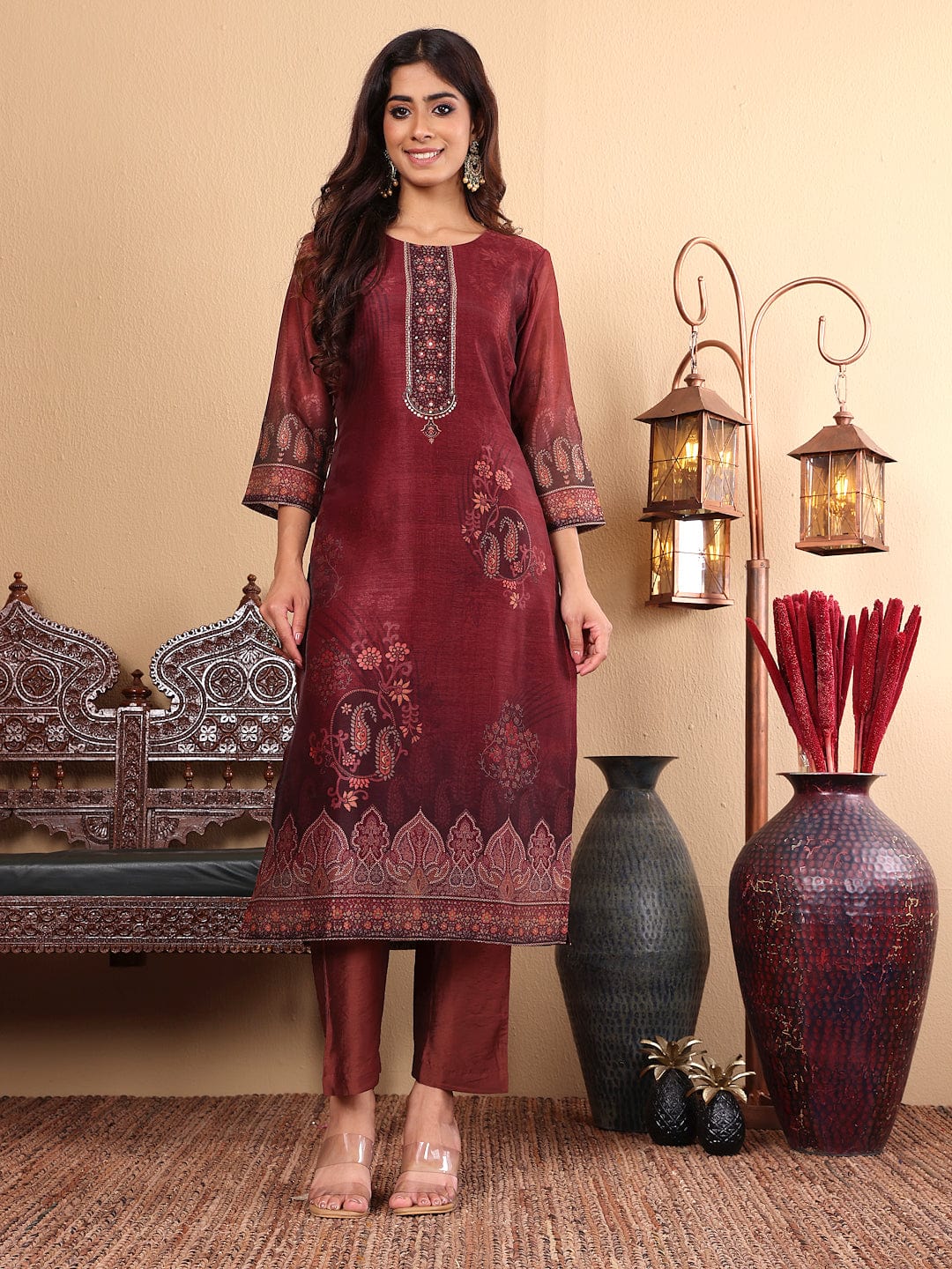 Varanga Women Maroon Floral Printed Kurta Paired With Bottom And Dupatta