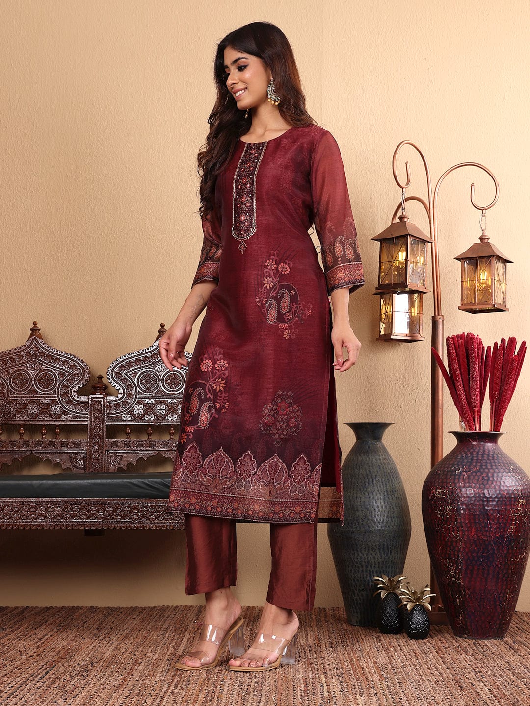 Varanga Women Maroon Floral Printed Kurta Paired With Bottom And Dupatta