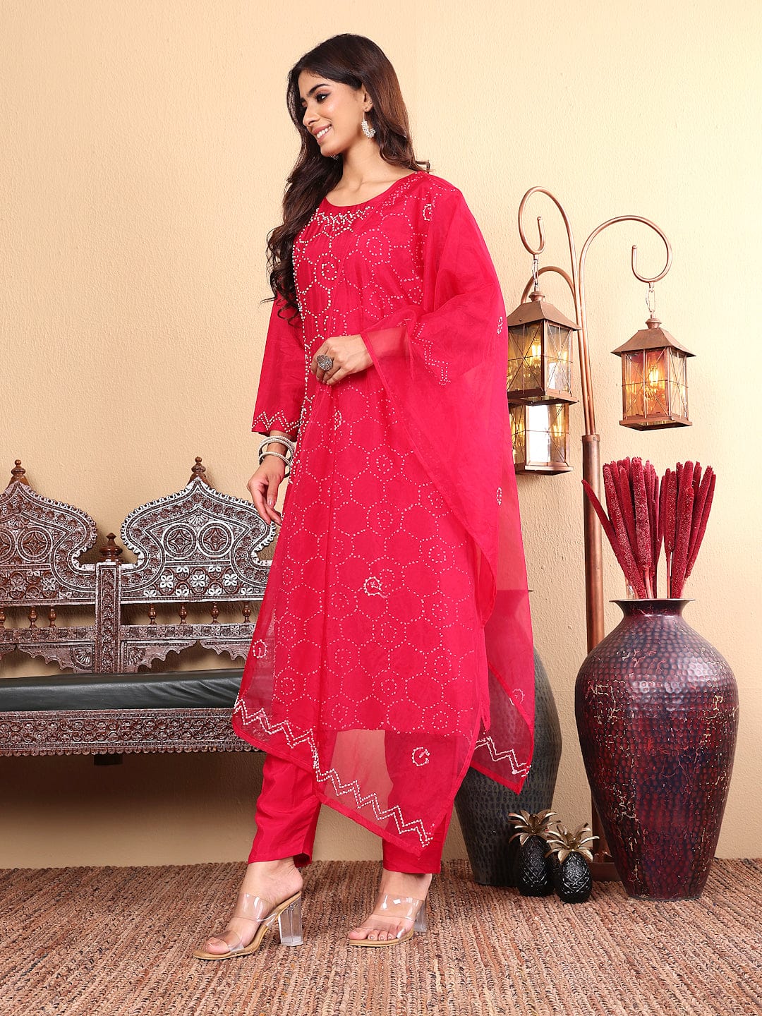 Varanga Women Hand Embroidered French Knot Kurta with Tonal Bottom and Embroidered Dupatta