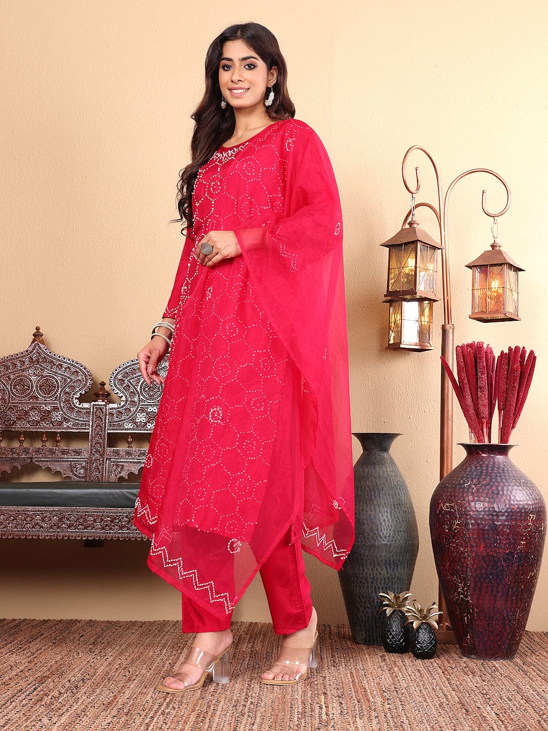 Varanga Women Hand Embroidered French Knot Kurta with Tonal Bottom and Embroidered Dupatta