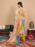 Varanga Women Mustard Pure Silk Gold Shimmer Floral Printed and Stones Embellishment Straight Kurta with Trousers and Dupatta