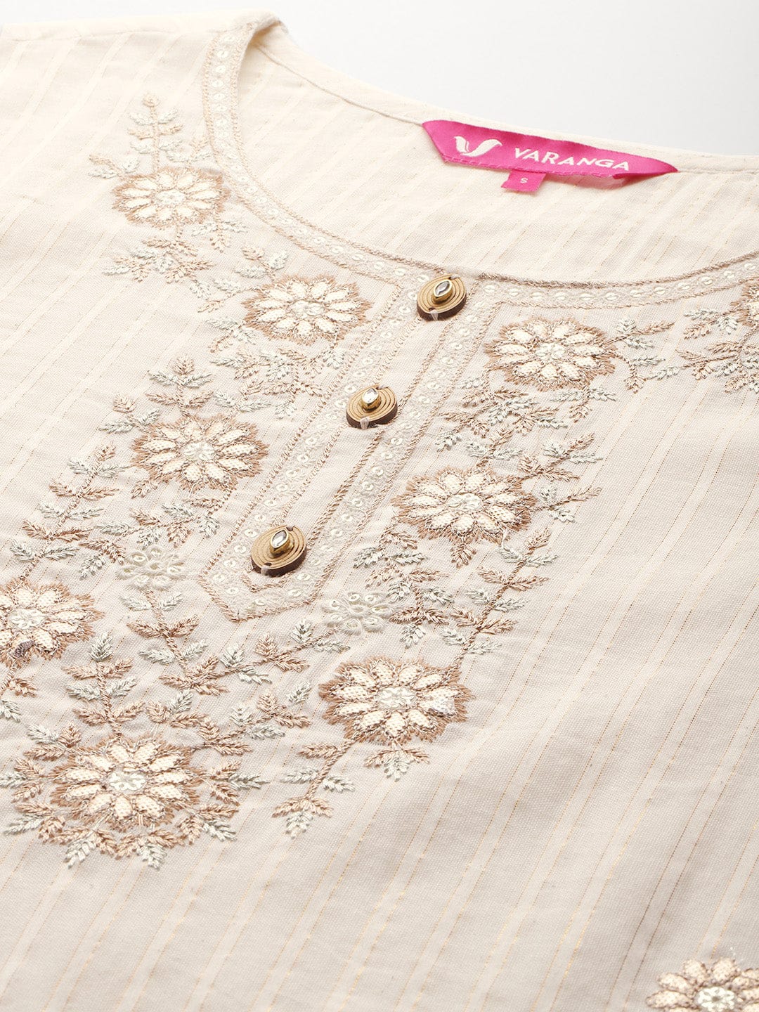 Varanga Women Off White Lurex Striped Zari Embroidered Sequins Embellished Kurta Set with Dupatta