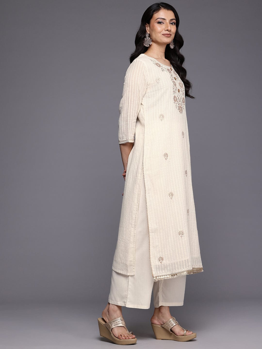 Varanga Women Off White Lurex Striped Zari Embroidered Sequins Embellished Kurta Set with Dupatta