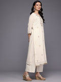 Varanga Women Off White Lurex Striped Zari Embroidered Sequins Embellished Kurta Set with Dupatta